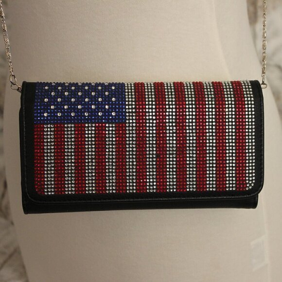 Patriotic Red White Blue Rhinestone Bling Black Hobo Crossbody Mini Shoulder Bag - Picture 9 of 11